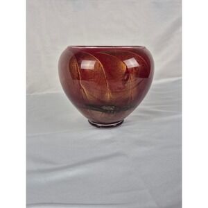 Northern Lights ESQUE Cranberry Art Glass Candle Bowl Holder 6" Red Gold
